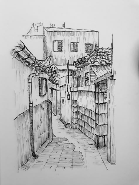 Alleyway Alleyway Drawing Reference, Alleyway Drawing, Alley Drawing, Alleyway Sketch, Japanese Street Sketch, Anime Background Alleyway, Street View Sketch, Korean Kingdom, Drawing Perspective