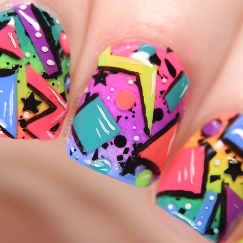 After swatching @kbshimmer new Mix It Up Collection, I kept having the nostalgic memories of all those 80s/90s geometric patterns we would see everywhere during that time on clothing, to rugs and decor ect and i was inspired to do a fun 80s geometric pattern mani! . Please visit my YouTube channel to see how I created this mani! (Click the link in my bio or search cheyennexodeborah on youtube!) . *This nail art contains sponsored products. #nails #nailart #retro #retronails #80s #80snails #... 80s Nails 1980s, Game Nails, 80s Nails, 90s Nails, Neon Retro, Retro Nails, Nostalgic Memories, Retro Video, Retro Video Games