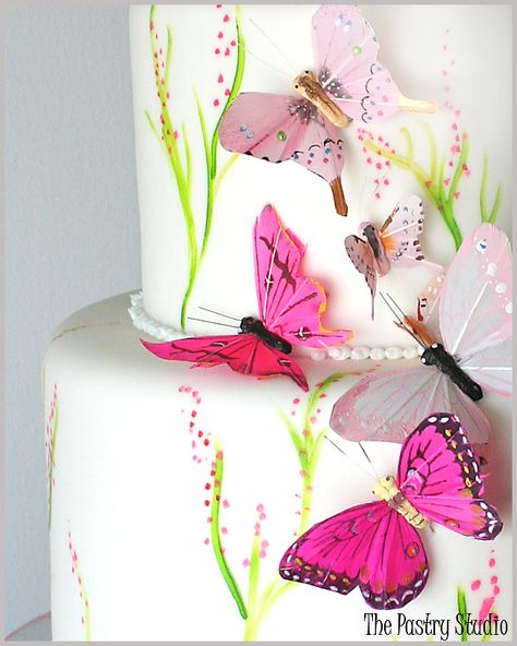 cakes by design | fondant covered two tiered cake with hand painted details. Feathered ... Beautiful Cake Pictures, Butterfly Wedding Cake, Artist Cake, Cake Artist, Spring Cake, Wedding Cakes With Cupcakes, Butterfly Cakes, Butterfly Wedding, Wedding Inspiration Summer