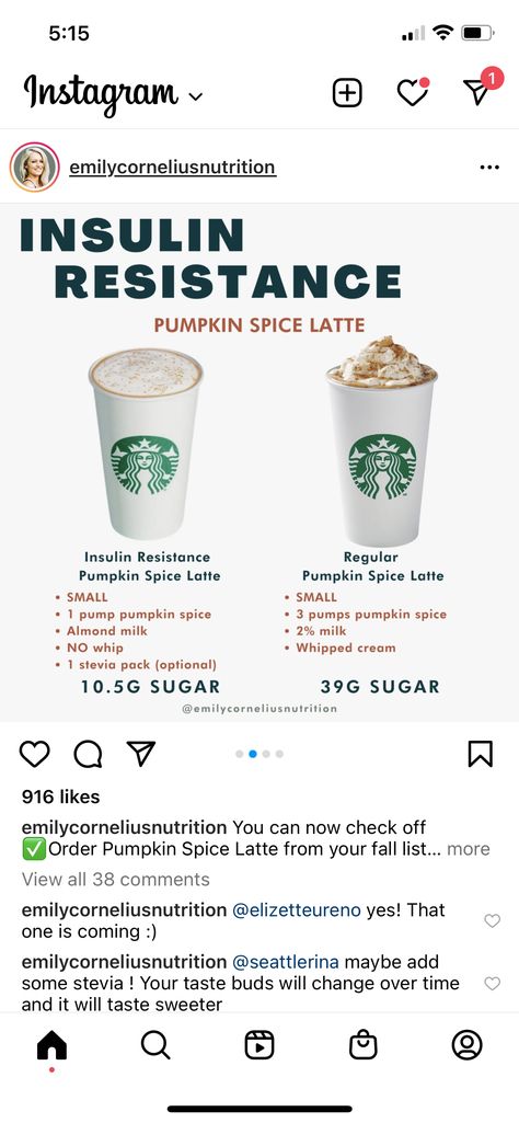 Insulin Resistance Starbucks, Insulin Resistance Starbucks Drinks, Pumpkin Latte Starbucks, Low Calorie Fast Food, Flavored Coffee Recipes, Starbies Drinks, Starbucks Orders, Spiced Almonds, Healthy Starbucks Drinks