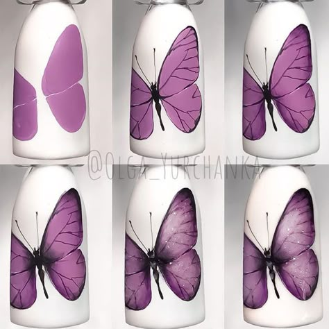 Nail Art Papillon, Nails Art Tutorial, Light Purple Nails, Easy Nail Designs, Butterfly Nail Designs, Unghie Nail Art, Butterfly Nails, Geometric Nail Art, Nail Drawing