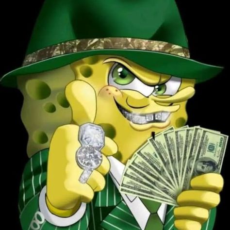 Spongebob With Money, Thug Spongebob, Rich Spongebob, Money Reaction Pic, Sponge Bob Flowers, Spongebob Illustration, Gangsta Spongebob, Gangster Cartoon Characters, Spongebob Money