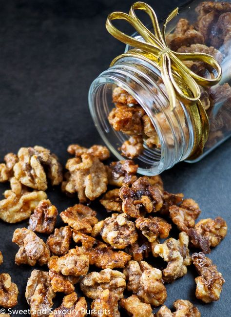 These walnuts get tossed in a sweet and spicy glaze and are then perfectly roasted until golden brown. So easy and quick to make, these Maple Spiced Walnuts make a delicious treat and are sure to be a favourite! #glazedwalnuts #spicedwalnuts #snack #SweetandSavouryPursuits Walnuts Christmas, Spiced Walnuts, Glazed Walnuts, Walnut Recipes, Nut Recipes, Roasted Nuts, Paleo Vegan, Cayenne Pepper, Ceviche