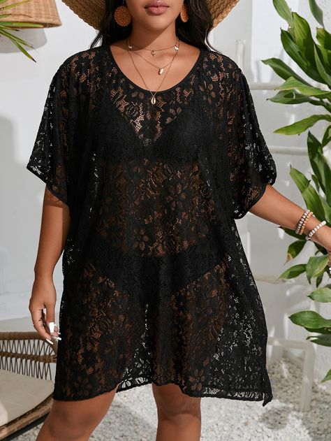 Black  Collar Half Sleeve Fabric Plain  Embellished Medium Stretch  Women Plus Clothing Black Lace Cover Up, Cover Up Swimsuit Outfit, Swimsuit Coverup Ideas, Coverup Ideas, Holiday Outfit Inspiration, Vestiti Edgy, Coverup Swimsuit, Swimsuits Outfits, Holiday Outfit