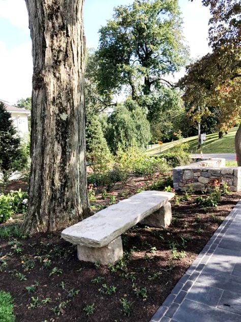 Diy Stone Bench Outdoor Seating, Stone Bench Garden, Stone Benches Outdoor, Stone Garden Bench, Outdoor Pool Table, Memorial Benches, Indoor Outdoor Pool, Flowers Gardening, Stone Bench