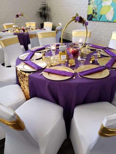 Fashion Royalty | CatchMyParty.com Royalty Table Decorations, 55th Birthday Ideas For Women Decor, Purple And Gold Party Decorations Ideas, Purple And Gold Table Setting, Purple And Gold Decorations, Purple Gold Party Decorations, Purple And Gold Party, Gold Reception Decor, Purple Birthday Decorations