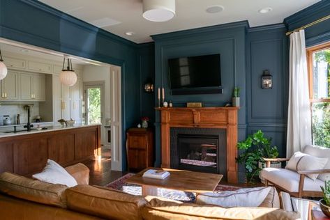 Victorian Living Room With Tv, Midcentury Victorian Living Rooms, Painted Feature Wall Living Room, Victorian Apartment Living Room, Navy Blue House Interior, Victorian Revival Interior, Blue Vintage Living Room, Blue Living Room Fireplace, Moody Blue Living Room