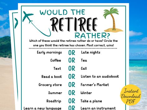 Retirement WOULD the RETIREE RATHER Game - Printable Retirement Party Game - Work Party Game for Retiree - Coworker, Family, Office Party Retirement Party Centerpieces, Work Party Games, Retirement Advice, Ice Breaker Games, Family Office, Some Games, Game Printable, Retirement Party, Retirement Parties