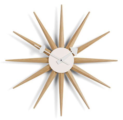 Natural ­sunburst Sunburst Clock, Interior Accents, George Nelson, Atomic Age, Wall Clocks, White Walls, Midcentury Modern, Online Design, Ceiling Fan