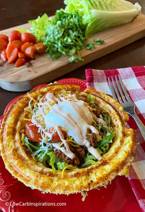 How to Make a Keto Taco Salad Bowl Chaffle Bowl Recipe, Waffle Bowl Maker Recipes, Chaffle Ideas, Waffle Bowl Recipe, Waffle Bowl Maker, Taco Shell Recipe, Taco Seasoning Ingredients, Keto Taco Seasoning, Salad Bowl Recipes