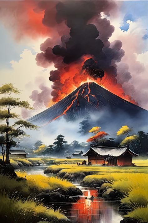 A tranquil countryside village is jolted awake by the roar of a erupting volcano. Peace is shattered as the once-peaceful landscape transforms into a scene of chaos and awe, where nature's beauty and fury collide in a symphony of contrasts. Volcano Landscape Art, Peace In Chaos Art, 5 Elements Of Nature Art, 32k Wallpaper, Fantasy Volcano, Disaster Poster, Volcano Drawing, 5 Elements Of Nature, Volcano Landscape