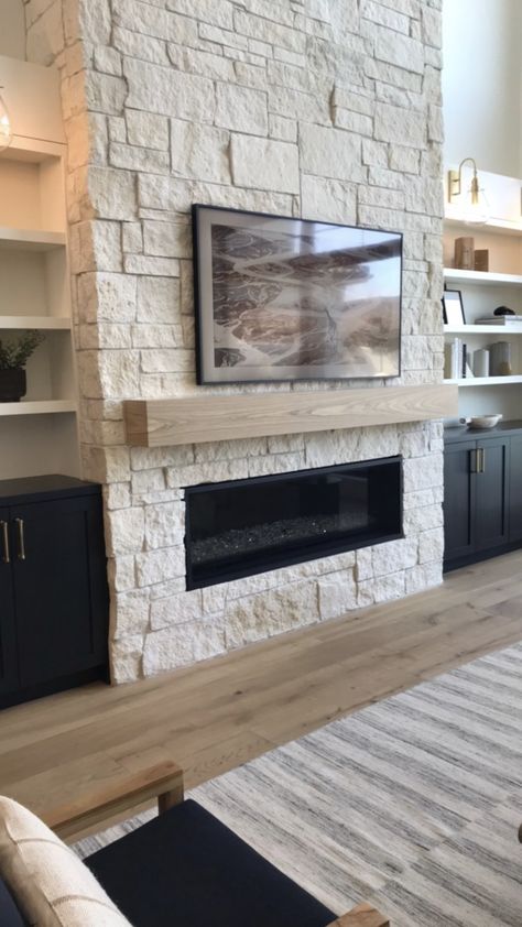 Winery Home Decor, Lannon Stone Fireplace, Stone Fireplace Decor With Tv, Living Room With Off Center Fireplace, Modern Stone Fireplace Ideas With Tv, 72 Inch Fireplace, Elongated Fireplace Ideas, Rectangular Fireplace With Tv Above, Low Fireplace Mantle With Tv