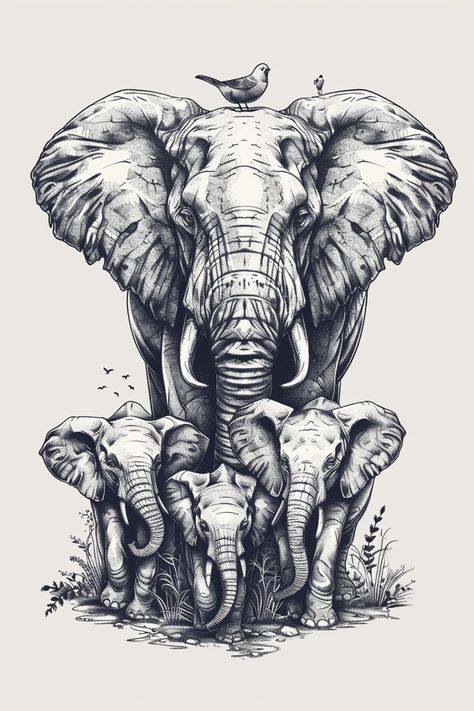 Back Tattoos Elephants, Male Elephant Tattoo, Elephant Drawing Realistic Art, Tattoos Of Elephants, Animals And What They Symbolize, 4 Elephant Family Tattoo, Three Elephants Tattoo, Elephant Tattoos On Back, Large Elephant Tattoo