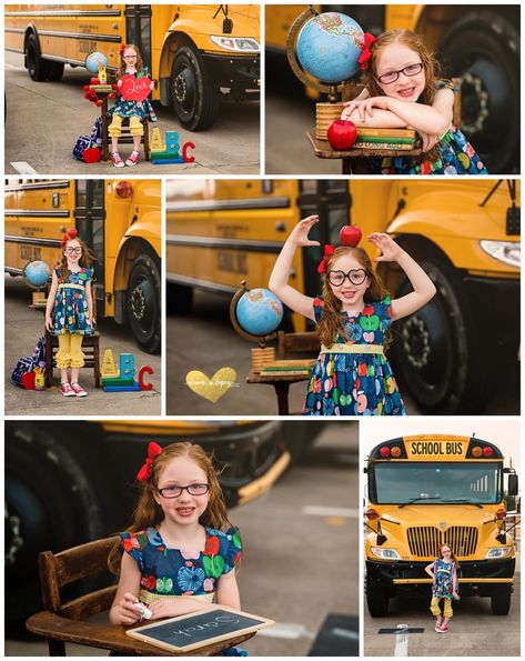 Simple Back To School Photoshoot, School Bus Back To School Pictures, School Bus Mini Session, Back To School Photos With Desk, Back To School Mini Session Ideas Outdoor, Back To School Pictures Mini Sessions, Back To School Minis Photo Shoot, Back To School Minis, Back To School Mini Session Ideas