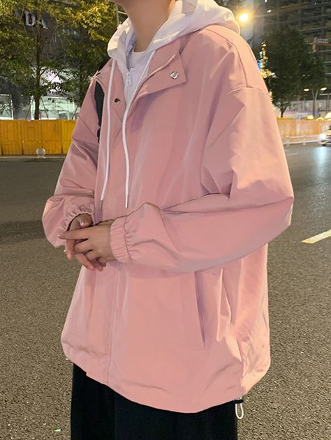 Baby Pink Preppy  Long Sleeve Polyester Plain Windbreaker Embellished Non-Stretch Spring Men Outerwear Pink Hoodie Outfit, Spring Denim Jacket, Outfit Rosa, Jackets Fashion Casual, Hoodie Outfit Men, Japan Streetwear, Aesthetic Outfits Men, Jean Jacket Men, Men Jackets