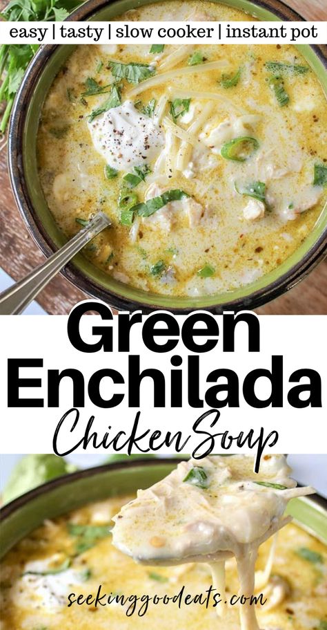 Green Chicken Chili Crockpot, Green Chicken Soup Recipes, Chili Verde Chicken Soup, Hatch Green Chili Crockpot Recipes, Creamy Mexican Chicken Soup, Green Chicken Chili Soup, Chicken Stew Soup, Green Enchiladas Chicken Soup, Green Enchilada Soup Crockpot