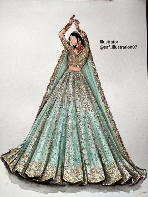 Indian Wedding Outfits Drawing, Desi Fashion Illustration, Bridal Fashion Illustration Indian, Fashion Design Sketches Lehenga, Dress Design Sketches Indian, Lehenga Illustration Indian Fashion, Traditional Dresses Illustration, Lehanga Illustration Sketch, Indian Outfit Illustration