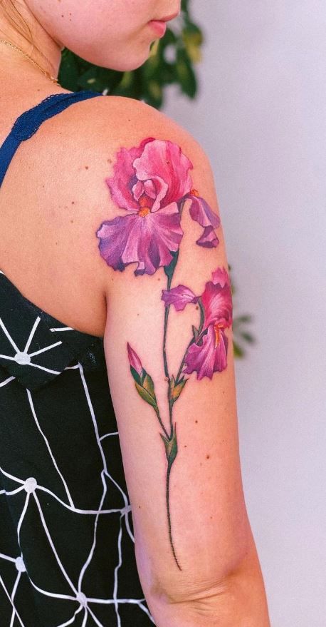 Iris Flower Tattoo Sleeve, Iris And Rose Tattoo, Iris Flowers Tattoo, Traditional Iris Flower Tattoo, Tattoo Of Iris Flower, Iris Watercolor Tattoo, Bearded Iris Tattoo, Watercolor Tattoo Iris Flower, Exotic Flower Tattoos