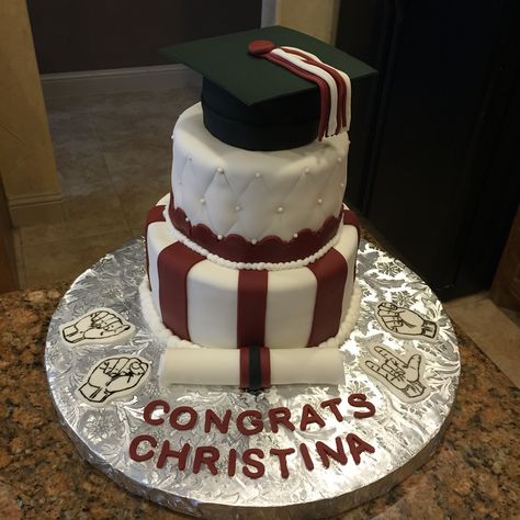 College grad cake for a sign language major!  Sign language cake! Maroon And Silver Graduation Party Ideas, Maroon Graduation Cake, Graduation Cake Designs, Grad Cake, Graduation Party Cake, Graduation Dinner, Grad Party Decorations, Graduation Cake, Party Inspo