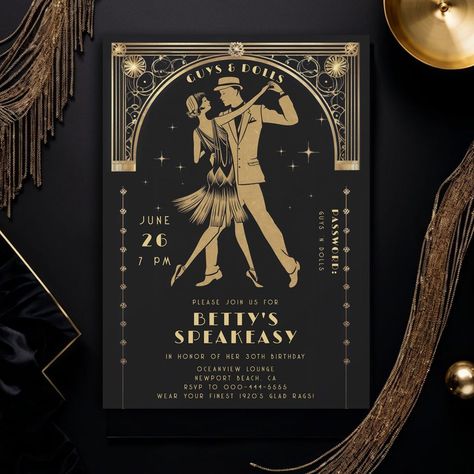 A roaring good fun awaits with this elegant birthday party invitation with a roaring 20s theme, featuring a deco frame and the silhouette of a flapper dancing with her partner. A perfect birthday party invitation template for a Great Gatsby theme, in gold and black. Whether for a 40th, 50th, 60th, 70th or 80th birthday party, or for a roaring twenties, this vintage art deco nouveau frame in black gold foil theme (digital effect) will shine bright. A roaring 20s speakeasy theme party for a doll o Speakeasy Party Theme, Speakeasy Theme Party, 40s Theme Party, The Great Gatsby Party Theme, Speakeasy Birthday Party, Flapper Dancing, 20s Speakeasy, Great Gatsby Birthday Party, Gatsby Birthday Invitation