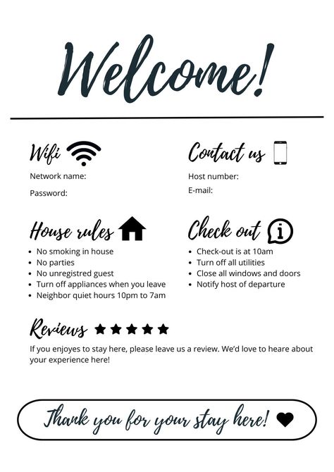 Welcome to the perfect solution for all Airbnb and Booking hosts! Introducing our Welcome and Rules Template, designed to facilitate communication with your guests and ensure an enjoyable and stress-free stay. This elegant and professional template is fully customizable using Canva, allowing you to tailor it to your specific needs in just a few simple steps. What's included: Warm welcome: A dedicated section to welcome your guests and make them feel at home. House Rules: Clear and concise list o Airbnb House Rules Template, Air Bnb Welcome Letter Template, House Rules Template, Airbnb House Rules, Reminder Notes, Airbnb House, Using Canva, Welcome Letters, Emergency Contact