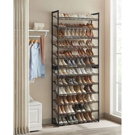 Rebrilliant 60 Pair Stackable Shoe Rack | Wayfair Tall Shoe Rack, Slanted Shelves, Shoe Rack Tall, Industrial Shoe Rack, 2 Tier Shoe Rack, Closets Bedrooms, Large Shoe Rack, Metal Shoe Rack, Stackable Shoe Rack