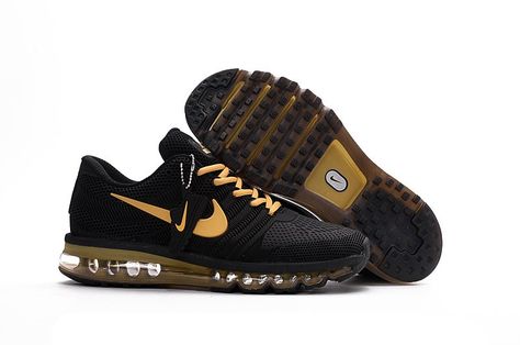 Fashion!  Nike 2017 Air Max Men Running Black Gold Air Max Black, Black And Gold Shoes, Nike Air Max Black, Nike Air Max 2017, Black Sports Shoes, Nike Air Max Shoes, Gold Nike, Sneaker Nike, Running Nike