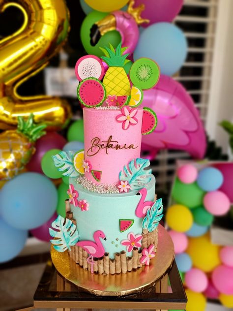 Barbie Pool Party Birthday Cake, Tropical Birthday Party Cake, Hawaiian Theme Cake Luau Birthday, Hawaian Cakes Ideas, Aloha Birthday Cake, Luau Theme Cake, Pool Party Cake Ideas, Tropical Flamingo Cake, Tropical Themed Cake