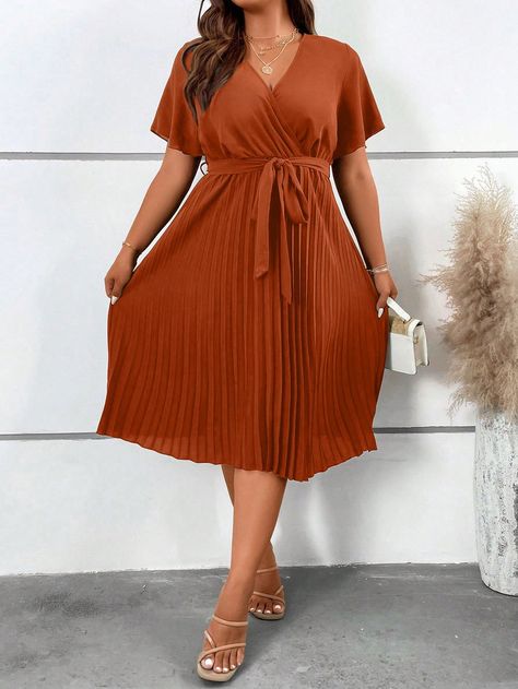 Burnt Orange Casual Collar Short Sleeve Woven Fabric Plain A Line Embellished Slight Stretch  Women Plus Clothing Burnt Orange Dresses, Orange Dresses, Burnt Orange Dress, Orange Dress, Belted Dress, Dress P, Burnt Orange, Plus Clothing, Plus Size Dresses