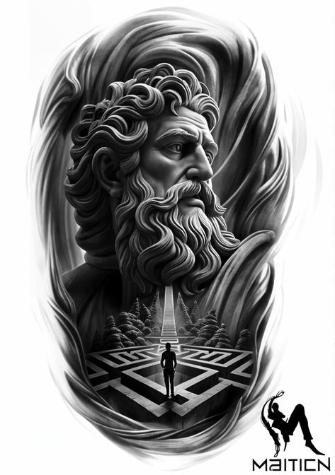 Tattoo Design Portrait, Black Grey Tattoo Design, Tattoo Black Grey, Grey Tattoo Design, Sculpture Tattoo, Hercules Tattoo, Greek God Tattoo, Black Grey Tattoo, Atlas Tattoo