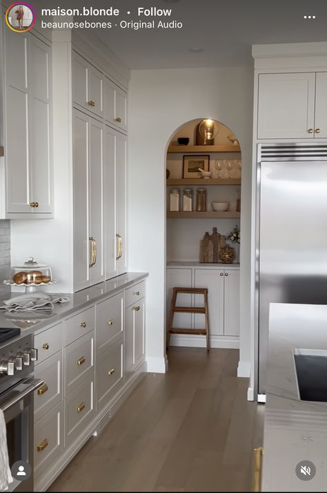 Transitional Butlers Pantry, Arch Into Pantry, Arched Butlers Pantry, Archway Pantry, Pantry Arched Door, Arch Pantry Entry, Arches In Kitchen, Corner Butlers Pantry, Arch Pantry