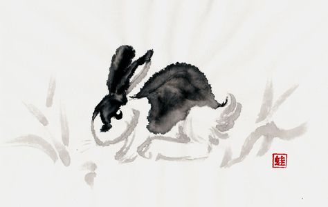 Follow the rabbit by Atomicfrog83 on DeviantArt Mdzs Novel, Bunnies Art, Zen Painting, Sumi E Painting, Ink Wash Painting, Japanese Watercolor, Chinese Art Painting, Rabbit Painting, Japanese Art Prints