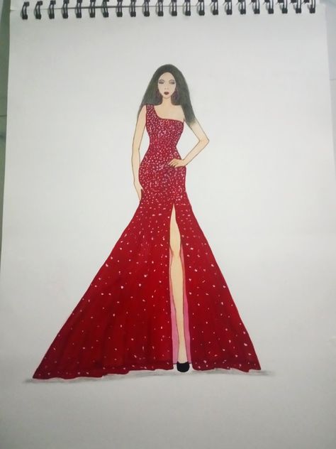 #Fashion illustration #One shoulder #red party wear gown #stylish #fashionable Party Wear Illustration Fashion, Party Wear Illustration, Party Wear Gown, Dress Illustration, Fashion Sewing Tutorials, Red Party, Fashion Sketch, Fashion Illustration Dresses, Illustration Fashion