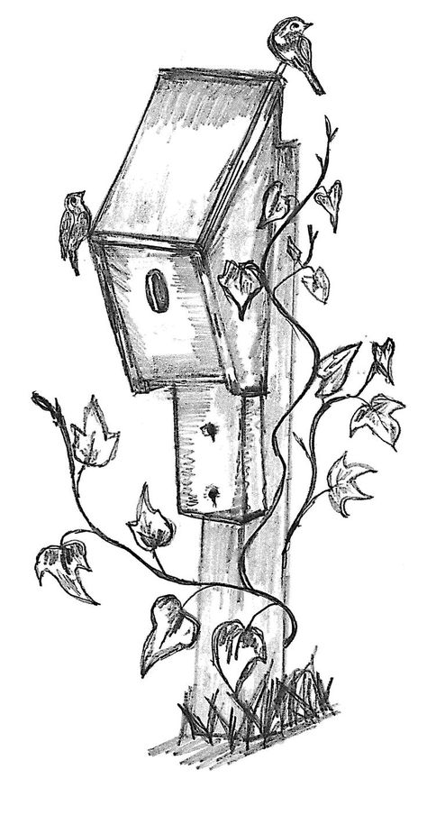 Drawing Ideas Shading Sketch, Bird House Sketch, Bird Feeder Drawing, Cottage Core Sketch, Bird House Drawing, Birdhouse Tattoo, Bubble Wrap Art, Font Aesthetic, Paintings Of Landscapes