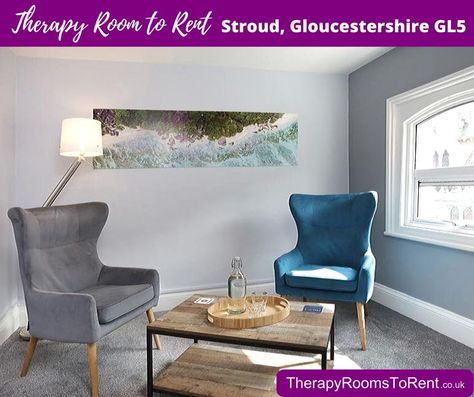 Counselling Talking Therapy Room to rent in Stroud, Gloucestershire with modern stylish interior design in calming peaceful grey and blue, for a counsellor psychotherapist, therapist, life coach, hypnotherapist and other talk therapies #therapistoffice #talkingtherapy #relaxing #calm #chairs #seating #TherapyRoomsToRent #counseling #counselor #counselling #counsellor #therapy #therapist #clinic #grey #minimal #aesthetic #modern #zen #decor #psychotherapy #lifecoaching #stroud #hypnotherapy Counselling Room Design, Talking Therapy, Flex Room Ideas, Counseling Room, Light Blue Chair, Counselling Room, Mind Gym, Stroud Gloucestershire, Therapy Rooms