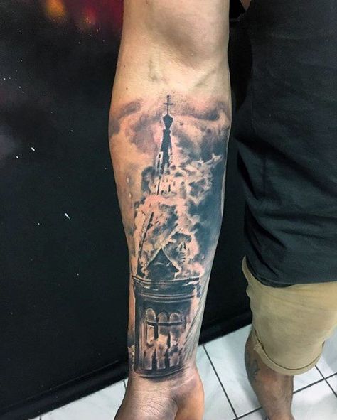 Guys Burning Church Tattoos Burning Building Tattoo, Burning Church Tattoo Design, Burning Tattoo, Building Tattoo, Church Tattoo, Burning Church, Austin Tattoo, Rabe Tattoo, Fire Tattoo