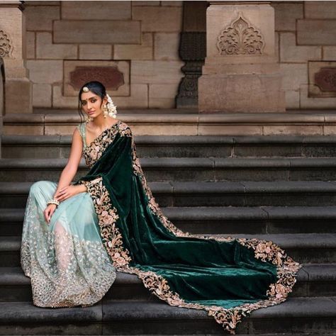 Regal in green. Featuring the stunning hand dyed velvet saree with an intricate bel kinaar zardosi border. . “MEMOIRS OF A MAHARANI”… Green Velvet Dupatta, Zardosi Border, Sari Designs, Gotta Patti Work, Heavy Lehenga, Velvet Dupatta, Lehenga Style Saree, Velvet Saree, Saree Ideas