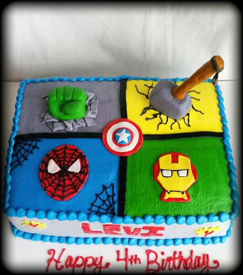 Marvel Avengers 1/2 sheet 4th birthday cake. Marvel Sheet Cake, Superhero Sheet Cake, Marvel Pasta, Avengers Sheet Cake, Birthday Cake Marvel, Iron Man Cupcakes, Birthday Cake Easy, Birthday Cake Vanilla, Marvel Avengers Cake