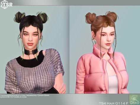 Sims 4 Cc Hair Space Buns, Double Buns Hairstyle, Bubble Braid Pigtails Short Hair, Bubble Pigtails Short Hair, 2 Buns, Two Buns Hairstyle, French Braid Pigtails, Sims 4 Cc Hair, Double Buns