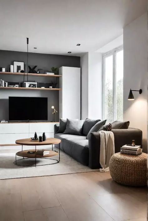 A Scandinavian living room with a sleek minimalist TV unit and hidden Minimalist Tv Unit, Scandinavian Living Room Nordic Style, Minimalist Scandinavian Living Room, Modern Scandinavian Living Room, Living Room Nordic Style, Scandi Living Room, Scandinavian Living Room, Dark Modern, Modern Living Room Interior