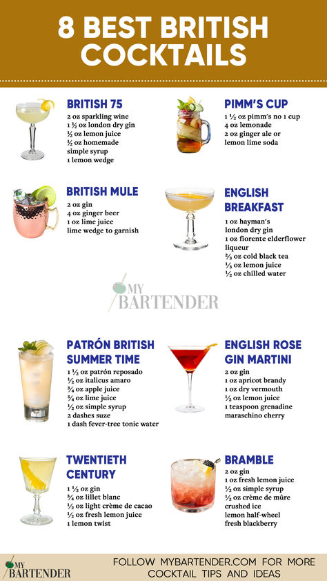 Best British Cocktails British Cocktails, English Drinks, British Drinks, Theme Cocktails, British Elegance, Bramble Cocktail, Bartender Drinks Recipes, Wine Cocktail Recipes, Bartender Drinks