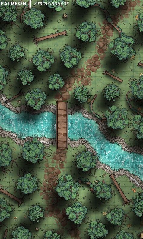 Dnd Bridge Map, Fantasy Battle Map, Dnd Grid Map, Dnd Battle Maps Forest, Battlemaps Dnd, Dnd Dungeon, D&d Maps, Forest Map, Fantasy Town