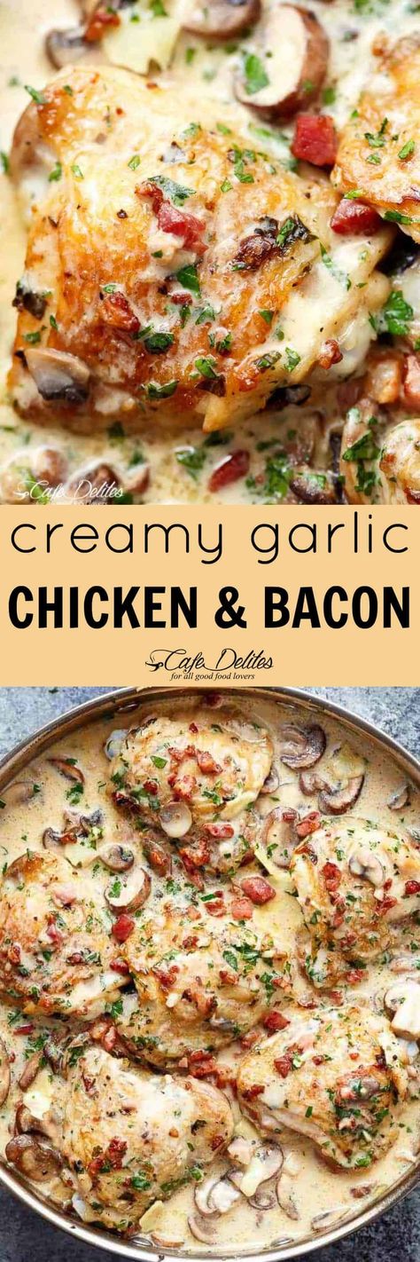 Chicken Ricotta Cannelloni, Chicken Thighs Mushrooms, Chicken And Bacon, Chicken Tonight, Creamy Garlic Chicken, Cafe Delites, Chicken Thigh Recipes Baked, Baked Chicken Thighs, Tater Tots