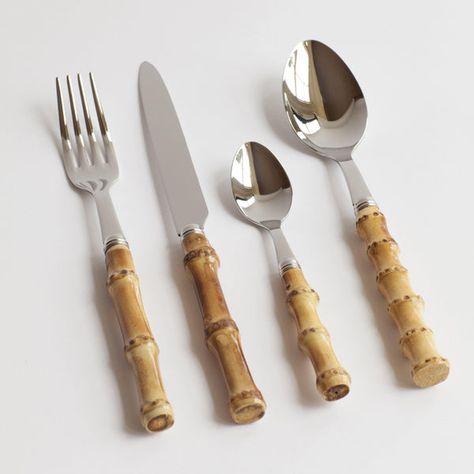 Bamboo Cutlery Collection – Mrs. Alice Mrs Alice, Bamboo Cutlery, Flatware Patterns, Summer Dining, Small Spoon, Knife And Fork, Stainless Steel Cutlery, Forks And Spoons, Bamboo Handles