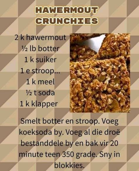 Rainy Recipes, Oat Crunchies, Koekie Resepte, Oatmeal Cookie Bars Recipes, Oat Biscuit Recipe, Crunchie Recipes, 100 Cookies Recipe, Best Tiramisu Recipe, Cookie Recipes Homemade