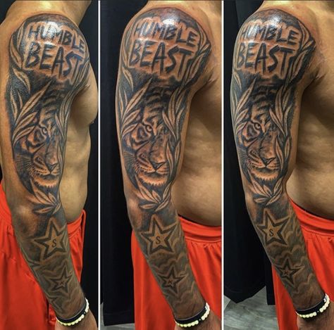 Beast Tattoo Men, Humble Beast Tattoo Men, Humble Beast Tattoo, Upper Arm Tattoos For Guys, Jesus Tattoo Sleeve, Half Sleeve Men, Beast Tattoo, Black Men Tattoos, Shoulder Sleeve Tattoos