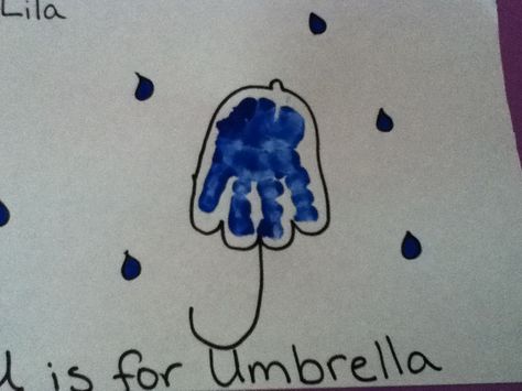 Umbrella handprint Rainy Day Handprint Art, Umbrella Handprint Craft, Handprint Umbrella, Umbrella Handprint, Fingerprint Calendar, Daycare Art, Child Activities, Weather Crafts, Toddler Craft