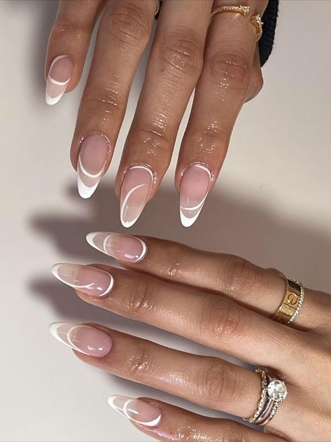 French Tip Clear Base, Icicle French Tip Nails, Cute Oval French Tip Nails, Curvy Lines Nails, Irregular French Nails, White And Clear Nails Design, Short Almond Nails 2023, Baddie Maintenance, Oval Biab Nails