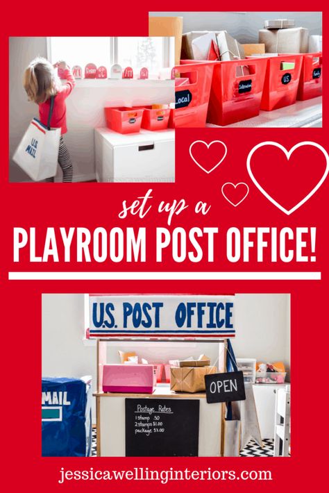 This super-fun playroom post office is the perfect Valentine's Day dramatic play activity for kids! Preschool and elementary aged kids will love it! Valentines Dramatic Play Ideas, Valentine Post Office Dramatic Play, February Dramatic Play Preschool, Valentines Day Dramatic Play, February Dramatic Play, Valentines Dramatic Play, Play Post Office, Tk Ideas, February Preschool