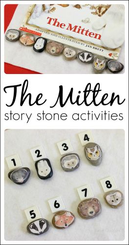 The Mitten activities - use story stones to incorporate literacy, math, and sensory learning The Mitten Activities, Story Rocks, Story Boxes, Story Baskets, Jan Brett, Preschool Winter, Sensory Learning, Story Stone, Story Stones